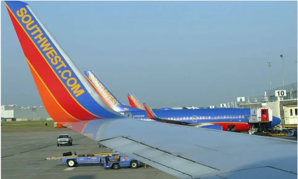 A Southwest airplane at the airport.