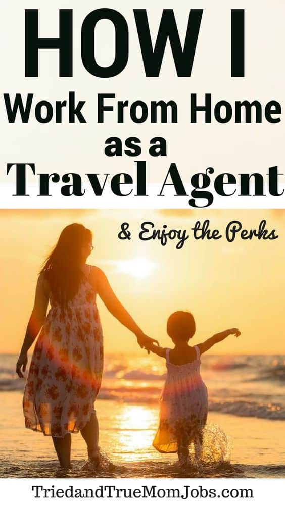 A woman and child walking on the beach enjoying the perks of working as a travel agent from home.