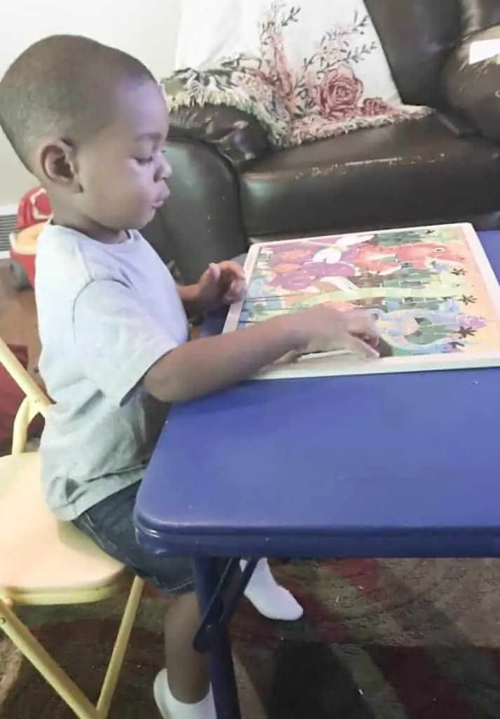 A young boy working on a dinosaur puzzle.