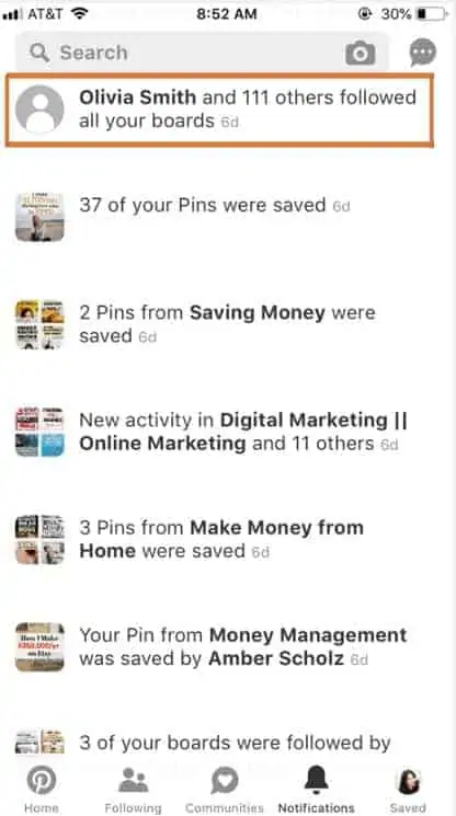 Screenshot of Pinterest and how many followers and pins.