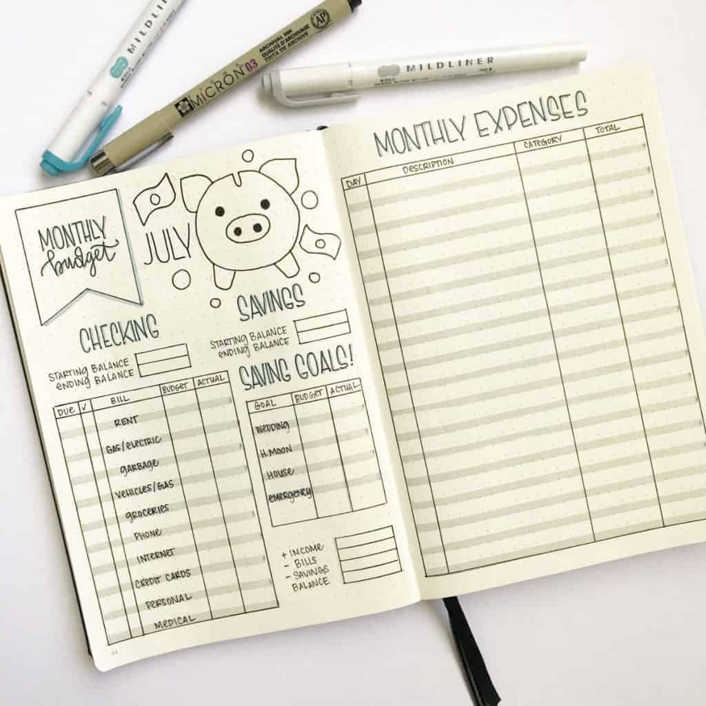 monthly budget with checking and savings balances and saving goals