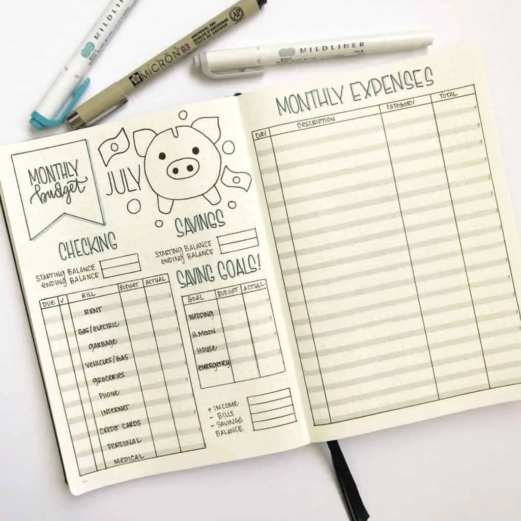 monthly budget with checking and savings balances and saving goals
