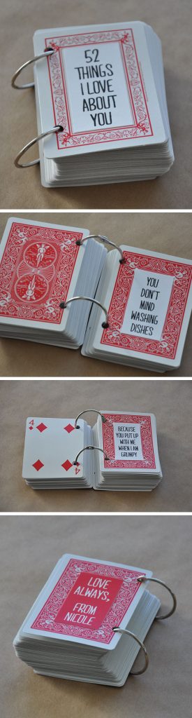 A homemade book made out of playing cards of 52 things I love about you