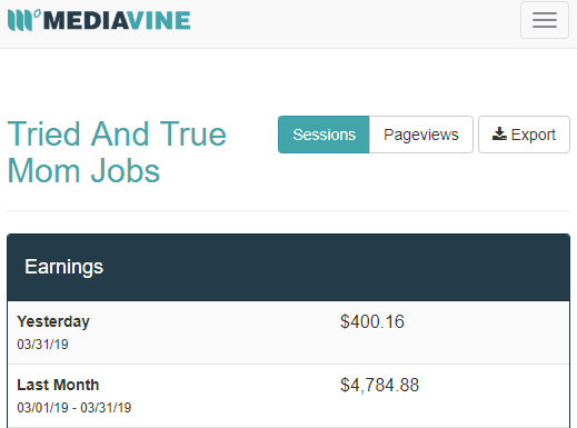 screenshot of Mediavine earnings 