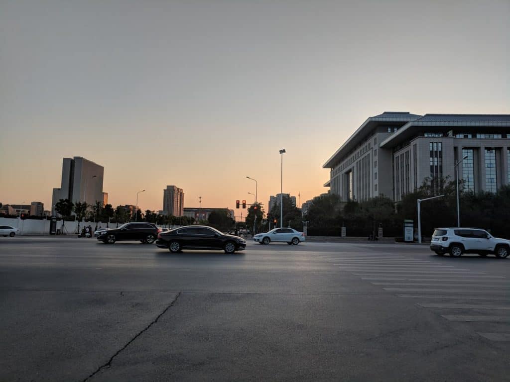view from a parking lot at sunrise 