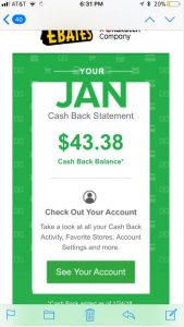 screenshot of ebates cash back statement