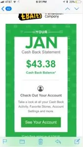 A account statement from Ebates showing cash back reward for using the program.