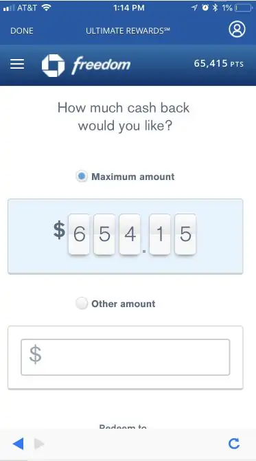 Screenshot of cash rewards earned from using Chase bank card