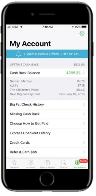 A phone showing Ebates program and how money can be earned while using program,
