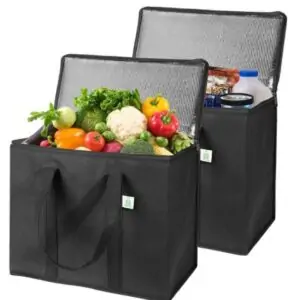 Insulated bags with groceries in them.