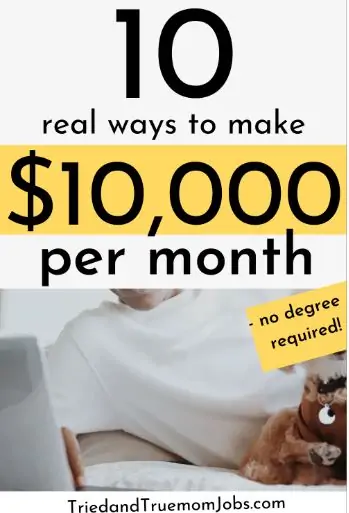 Text: 10 real ways to make $10,000 per month- no degree required