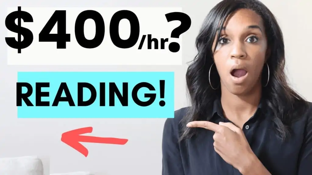 A woman with a surprised face pointing to a sign that says "$400/hr reading?