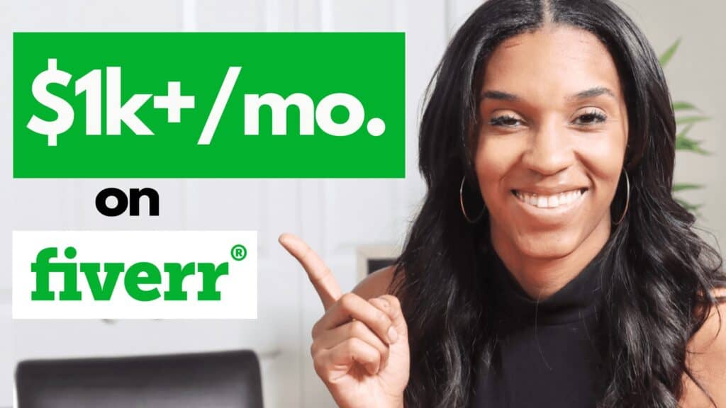  A woman smiling pointing to "one thousand dollars a month on Fiverr"