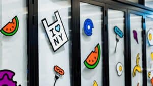 Stickers of food on a window