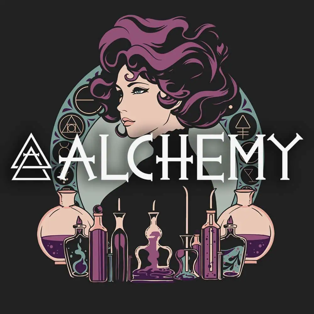 Alchemy Merch Logo, a woman surrounded by chemistry vials